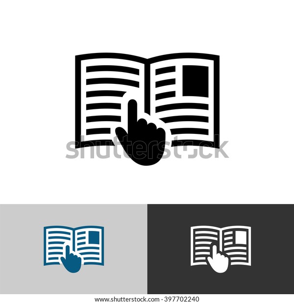Instruction manual icon. Open book pages\
with text, images and hand pointer cursor\
symbol.