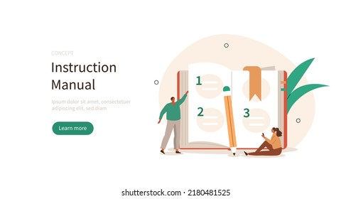 
Instruction manual. People characters reading and writing privacy policy and terms and conditions for guide, manual book or other user documentation. Vector illustration.