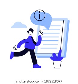 Manual de instrucciones. Hombre inteligente con portátil estudiando el manual, leyendo el personaje de la caricatura de la guía. Usar términos, guía de tutorial, documentación digital. Metáfora de concepto aislado de vectores