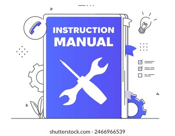 Instruction manual vector design. Guidebook and instruction for users and customers, clients. Screwdriver and Wrench on the cover. Information and FAQ. Linear flat vector illustration
