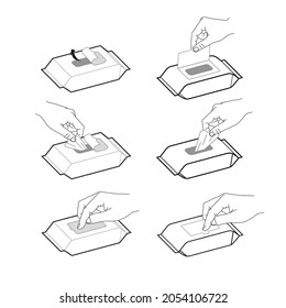 Instruction for open wet wipes pack. Vector icons on white background. Ready for your design. EPS10.
