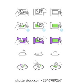 Instruction for open wet wipes pack. Vector icons on white background. Ready for your design. EPS10.