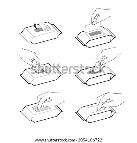 Instruction for open wet wipes pack. Vector icons on white background. Ready for your design. EPS10.
