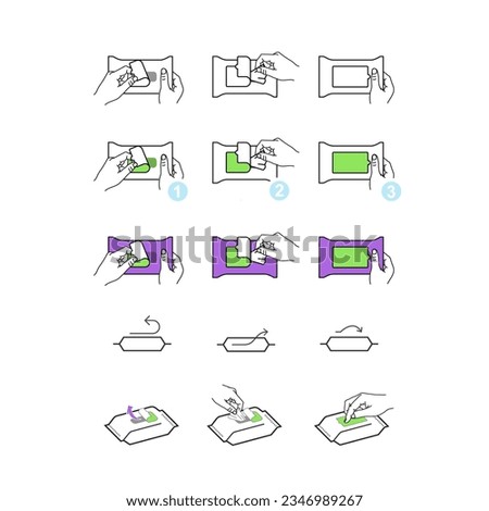 Instruction for open wet wipes pack. Vector icons on white background. Ready for your design. EPS10.