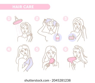 Instruction Set With Outline Female Character Showing How To Wash Hair Properly On White Background. Woman Is Washing, Drying Hair With Towel And Hairdryer. Flat Cartoon Vector Illustration