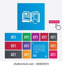 Instruction sign icon. Manual book symbol. Read before use. Metro style buttons. Modern interface website buttons with hand cursor pointer. Vector