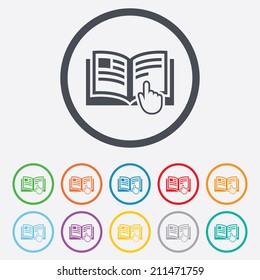 Instruction sign icon. Manual book symbol. Read before use. Round circle buttons with frame. Vector