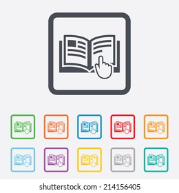 Instruction sign icon. Manual book symbol. Read before use. Round squares buttons with frame. Vector