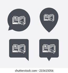Instruction sign icon. Manual book symbol. Read before use. Map pointers information buttons. Speech bubbles with icons. Vector