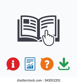 Instruction Sign Icon. Manual Book Symbol. Read Before Use. Information Think Bubble, Question Mark, Download And Report.