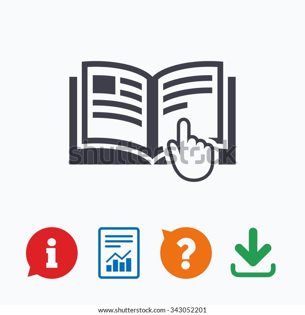 Instruction
sign icon. Manual book symbol. Read before use. Information think
bubble, question mark, download and
report.