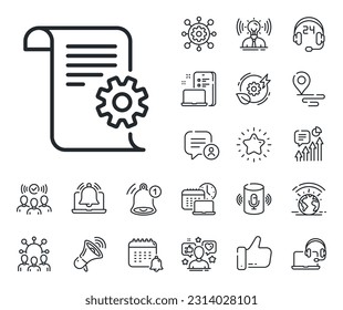Instruction sign. Place location, technology and smart speaker outline icons. Technical documentation line icon. Technical documentation line sign. Influencer, brand ambassador icon. Vector