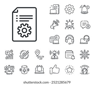 Sinal de instrução. Posicione os ícones de localização, tecnologia e contorno de alto-falante inteligente. Ícone de linha da documentação técnica. Sinal de linha da documentação técnica. Influenciador, ícone do embaixador da marca. Vetor