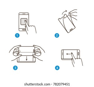 Instruction for smartphone screen protection. Line style vector illustration isolated on white background.