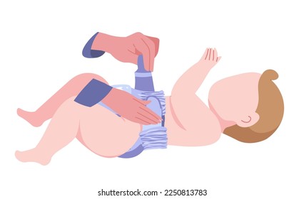 instruction and tips for parents on how to change baby diapers. Isolated hands of mom or dad taking care of hygiene and basic needs of child, boy or girl. Dressing up in clean. Vector in flat style