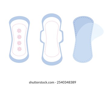 Instruction for use of woman sanitary good for period menstruation. Opened clean scented pad for daily use. Type of pads. Hand drawn vector illustration in flat style. Feminine hygiene equipment