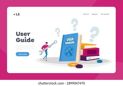 Instruction for User Landing Page Template. Tiny Male Character with Huge Spanner Reading User Manual Booklet, Document Specification Requirements, Man Hold Huge Wrench. Cartoon Vector Illustration