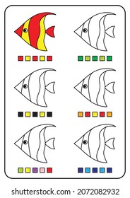 
Instructional coloring pages, educational games for children, preschool activities, printable worksheets. Simple cartoon vector illustration of colorful objects to learn colors. Coloring fish.