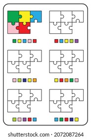 Instructional coloring pages, educational games for kids, preschool activities, printable worksheets. Simple cartoon vector illustration of colorful objects to learn colors. Coloring puzzle toy.