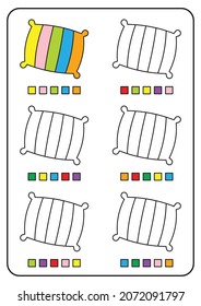 Instructional coloring pages, educational games for kids, preschool activities, printable worksheets. Simple cartoon vector illustration of colorful objects to learn colors. Color the pillow.