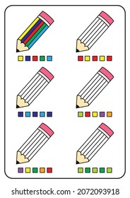 Instructional coloring pages, educational games for kids, preschool activities, printable worksheets. Simple cartoon vector illustration of colorful objects to learn colors. Coloring pencils.