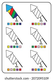 Instructional coloring pages, educational games for kids, preschool activities, printable worksheets. Simple cartoon vector illustration of colorful objects to learn colors. Coloring firecrackers.