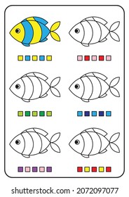 Páginas de coloración, juegos educativos para niños, hojas de trabajo de actividades preescolares imprimibles. Simple caricatura vectorial ilustración de objetos coloridos para aprender colores. Coloriendo peces lindos.