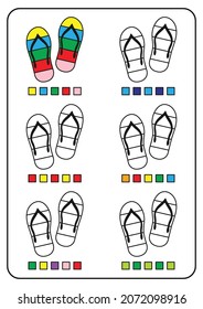 Instructional coloring pages, educational games for children, preschool activity worksheets. Simple cartoon vector illustration of colorful objects to learn colors. Coloring a pair of flip-flops.