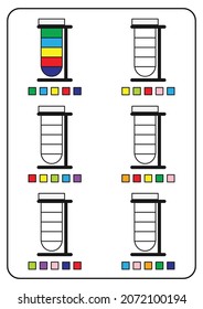 Instructional coloring pages, educational games for children, preschool activity worksheets. Simple cartoon vector illustration of colorful objects to learn colors. Coloring chemical test tubes.