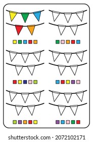 Instructional coloring pages, educational games for children, preschool activity worksheets. Simple cartoon vector illustration of colorful objects to learn colors. Coloring decorative small flags.