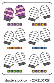 Instructional coloring pages, educational games for children, preschool activity worksheets. Simple cartoon vector illustration of colorful objects to learn colors. Coloring a pair of gloves.