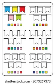 Páginas de coloración, juegos educativos para niños, hojas de trabajo de actividades preescolares. Simple caricatura vectorial ilustración de objetos coloridos para aprender colores. Pequeñas banderas decorativas de colores.