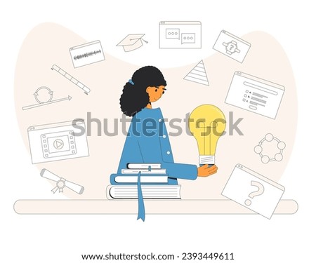 Instructional designer creating curricula or learning materials. LXD developing online course training. Woman holding bulb as idea metaphor. Online education. Vector illustration.