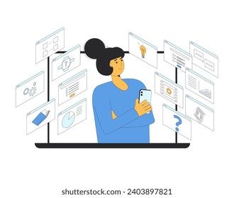 Instructional designer creating learning product. LXD developing online course, curricula or materials. Online education training. Vector illustration.