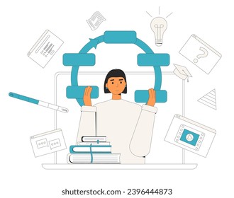 Instructional designer develop curriculum or learning materials using schemes and multimedia content. Online course training. Woman holding education graphic elements. Vector illustration.