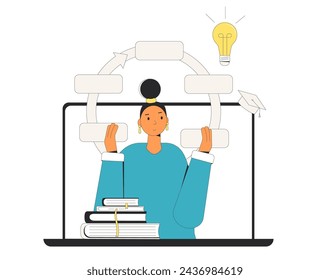 Instructional designer develop curriculum or learning materials using schemes and multimedia content. Online course training. Woman holding cycle graphic elements. Vector illustration.