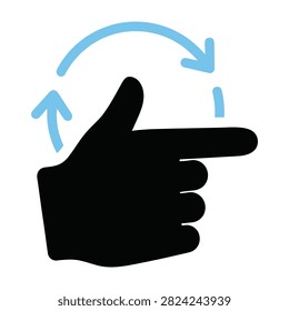 Instructional diagram featuring a hand gesture pointing with circular blue arrows indicating rotation or movement direction. Ideal for manuals, tutorials, and user interface guides showing how to turn.