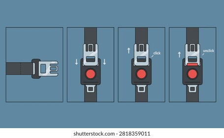 Instructional diagrams showing the step-by-step process of clicking and unclicking a seat belt safety buckle.