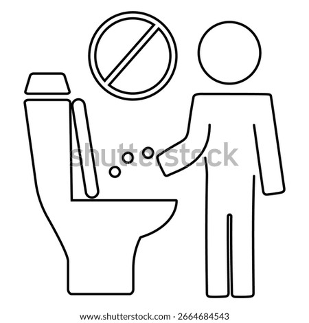 Instructional icon: proper toilet usage guide featuring human figure and prohibited symbol.