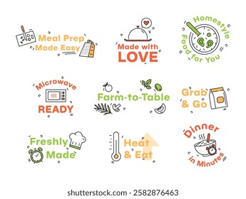 Instructional stickers highlighting features of prepared foods such as freshness, microwaveability and quick preparation for people with busy lifestyles