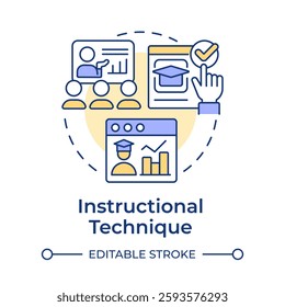 Instructional technique multi color concept icon. Teaching, coaching. Learning strategy, statistical metrics. Round shape line illustration. Abstract idea. Graphic design. Easy to use