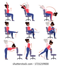 Instructions black girl doing office chair yoga. Set of women workout for healthy back, neck, arms, legs. Sport exercises for wellbeing of workers. Vector illustration isolated on white background.