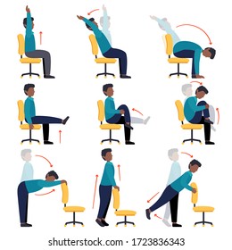 Instructions black men doing office chair yoga. Set of workers workout for healthy back, neck, arms, legs. Sport exercises for the wellbeing. Vector illustration isolated on white background.