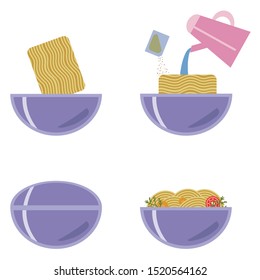 instructions for brewing noodles purple cups pink teapot four phases on a white background