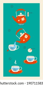 Instructions for brewing a tea bag. Tea recipe. Vector horizontal illustration.