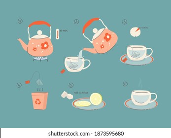 Instructions for brewing tea. How to make tea. Tips for making a tea bag. Illustration of a kettle with hot water, lemon, refined sugar. Vector color illustration for packaging, design. eps 10