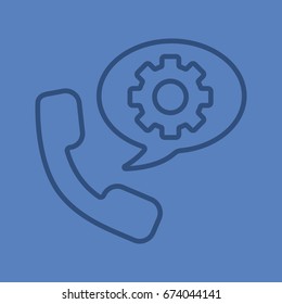 Instructions by phone linear icon. Handset with cogwheel inside chat box. Thin line outline symbols on color background. Vector illustration