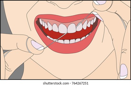 Instructions for cleaning teeth with dental floss. Smiling woman with floss cleaning teeth. Vector illustration.
