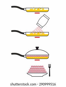Instructions cooking fried shrimp. Pan fry seafood. Manual prescription food. Vector illustration