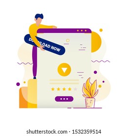Instructions for "download now" with flat illustrations for the mobile application